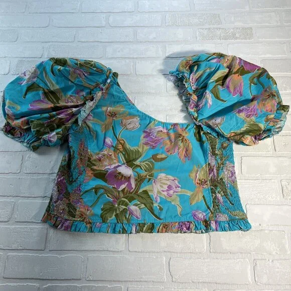 Anthropologie Love The‎ Label Top Womens XL Blue Floral Puff Sleeve Asymmetrical - Picture 14 of 14